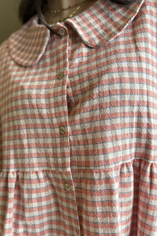 Annie Gingham Peter Pan Smock Blouse Soft Coral